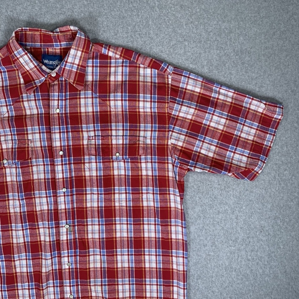 Wrangler Western Shirt Men's L Red Plaid Pearl Snap Short Sleeve Button Up - Picture 3 of 16